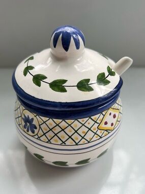 Vintage FFAMALVEIRA Portugal Jam Jar Sugar Bowl wz Lid spoon HandPainted Ceramic